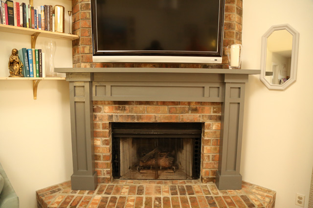 Step-by-step how-to instructions building a wooden fireplace mantel from scratch over existing brick fireplace. Only power tools needed are circular saw & drill