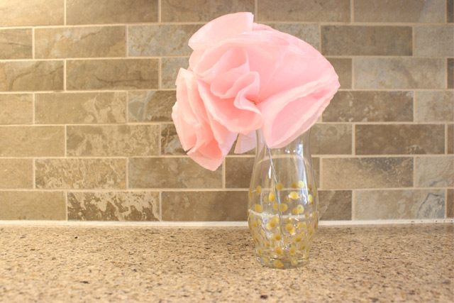 Pink Paper Flowers in Gold Polka Dot Vase