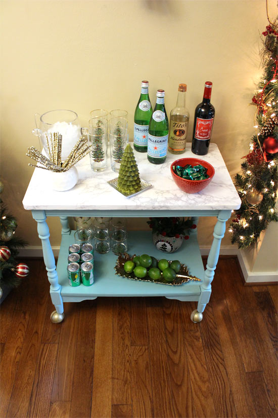 Holiday Bar Cart After Makeover with Paint and Faux Marble Top