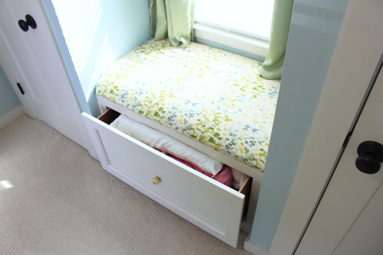 Pillows and Blankets in Window Seat Drawer