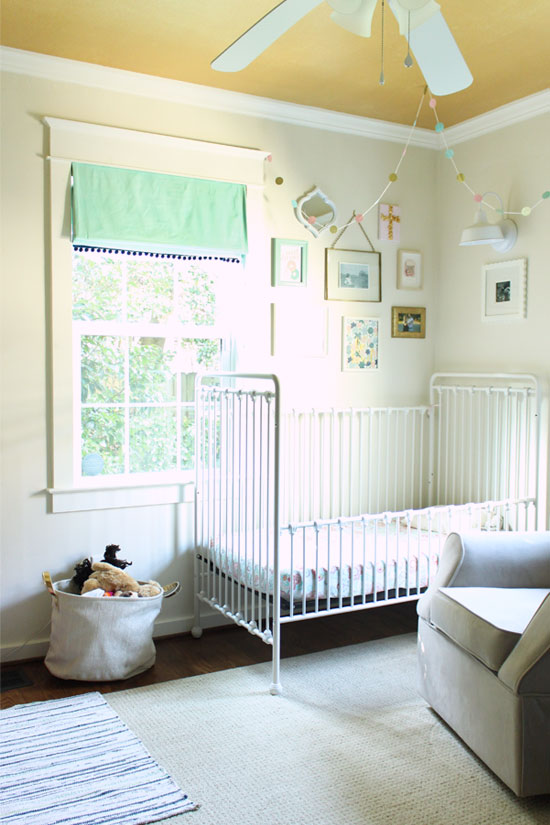 Kids' Shared Bedroom with White Walls and Gold Ceiling