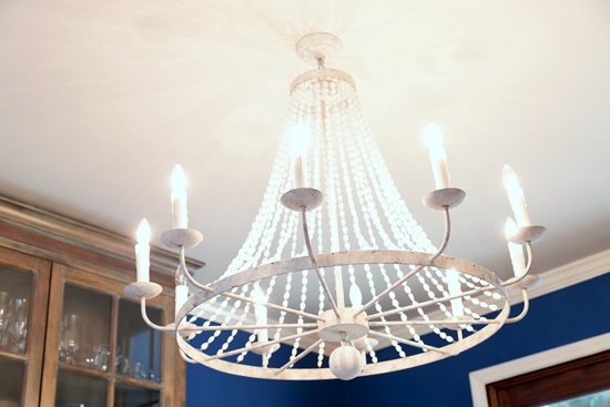 White Beaded Chandelier in Blue Dining Room