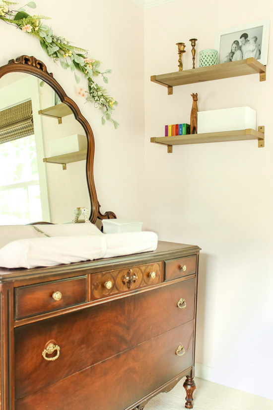 Secondhand Dresser in Baby Girl Room with DIY Shelves and Pink My Sweetheart Behr Paint