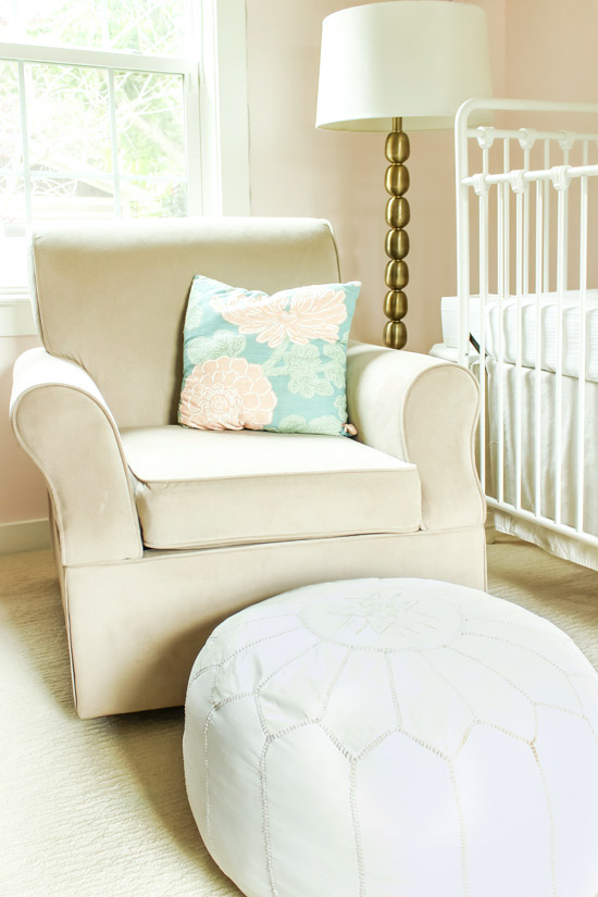 Tan Glider Rocker with White Ottoman in My Sweetheart Pink Paint Nursery