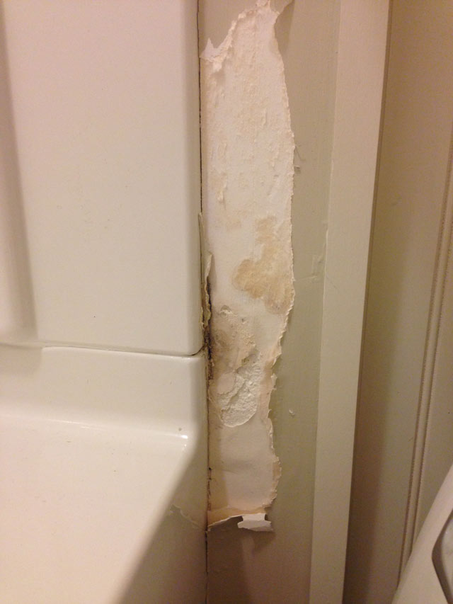water damaged drywall by bathtub