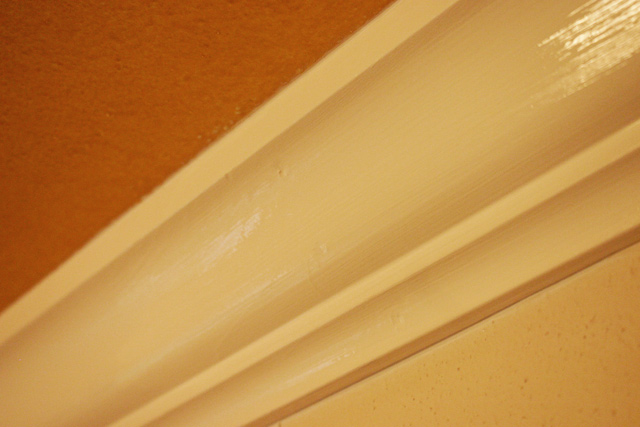 close up of shiny, glossy white crown molding with gold ceiling
