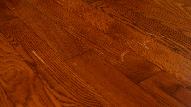 scratch in hardwood floor before repair