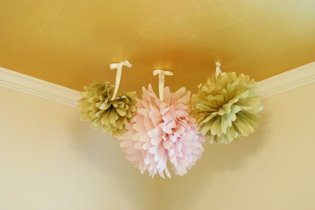 Tissue Paper Pom Poms Complete on Ceiling