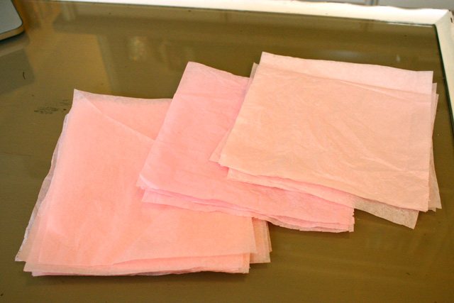 Tissue Paper in 3 Piles of 7 Inch Squares