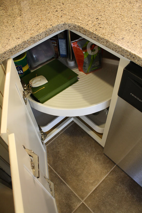 lazy susan corner cabinet in remodeled kitchen