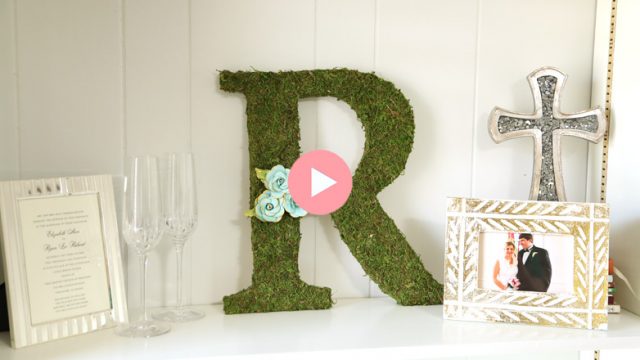 green moss covered r letter initial on white bookshelf