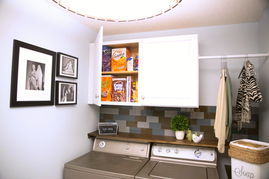 Cabinets with Overflow Pantry Items in Laundry Room