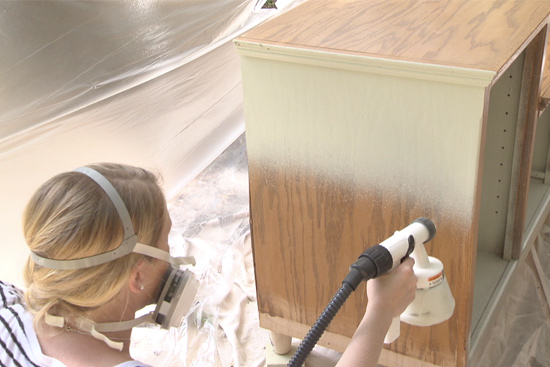 Spraying Paint on Outside of Potting Bench