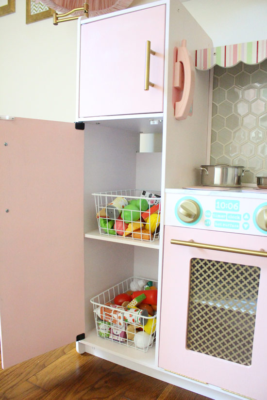 Play Food in White Baskets in Play Kitchen Refrigerator