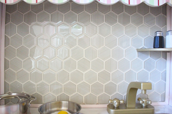 White Hexagon Tile Installed in Play Kitchen with Glitter Grout
