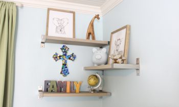 Completed Installation of Gray Stained Shelves with Aluminum Brackets