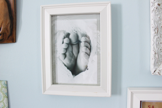 Framed Black and White Photo of Gus Baby Feet on Wall