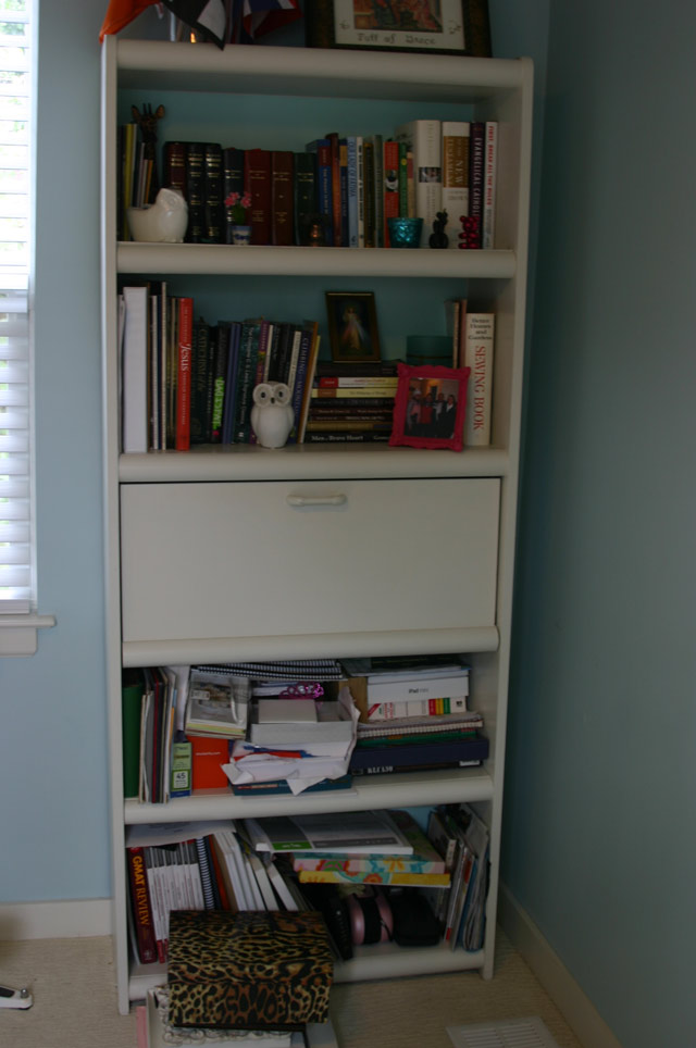 messy cluttered white bookshelf 