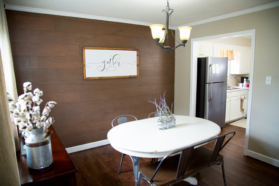 Modern Farmhouse Dining Room with Wood Plank Accent Wall