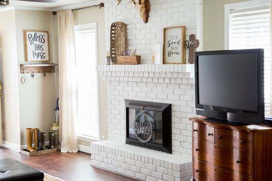 White Brick Fireplace in Modern Farmhouse Living Room