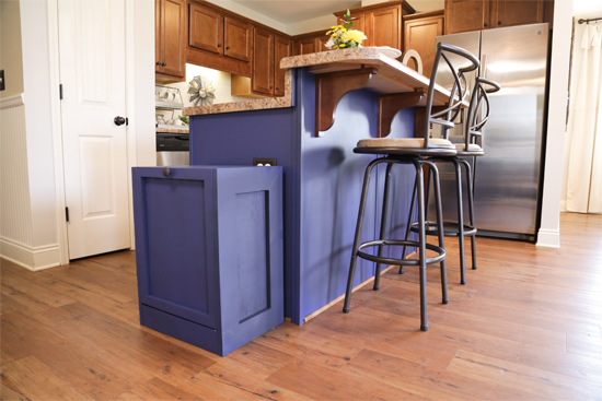 Trash Can Cabinet Painted Blue to Match Kitchen Island