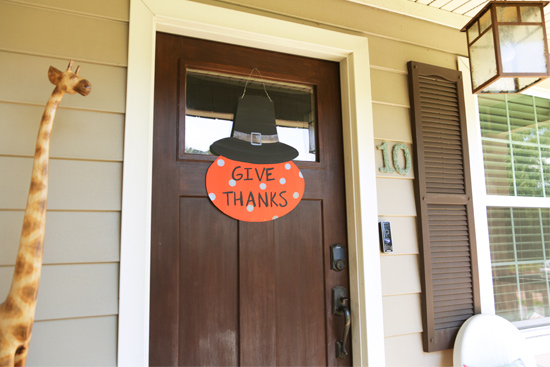 Give Thanks Pilgrim Pumpkin Hanging on Front Door