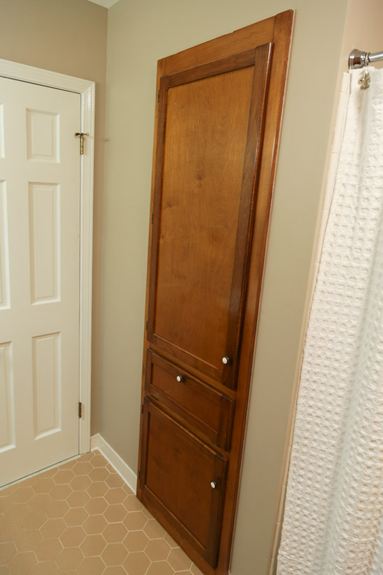 Stained Wood Built In Linen Closet Before Updates