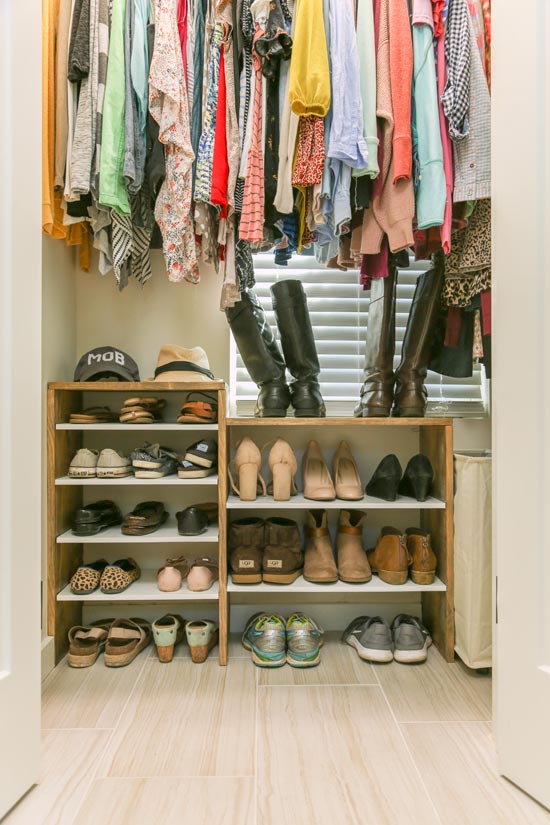 Stained Wood and White Shelf Built-In Shoe Rack Master Closet