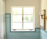 Frosted Windows in Blue Tiled Bathroom