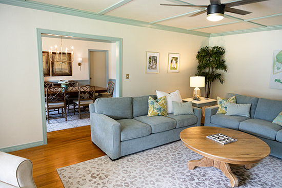 Family Room Makeover with White Walls and Decorative Ceiling