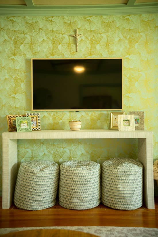 TV Console Table with Green and Gold Ginkgo Wallpaper