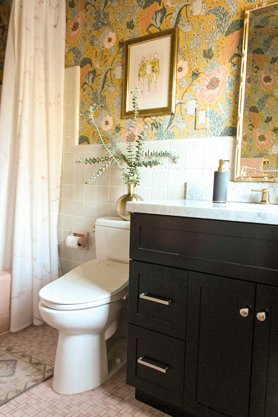 New Vanity and Wallpaper to Update Old Bathroom
