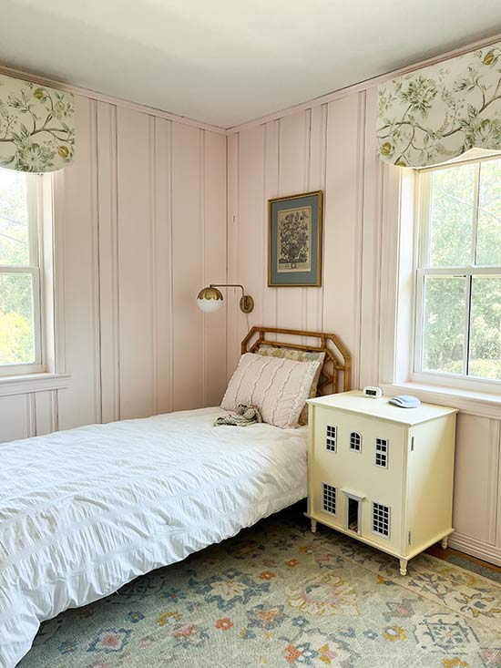 Fabric Covered Window Cornice in Pink Girl Bedroom